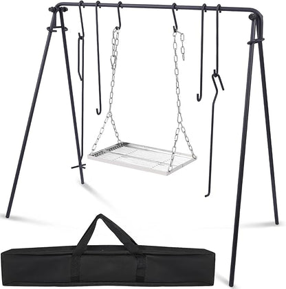 Lineslife Grill Swing Campfire Cooking Stand with Adjusatble Stainless Steel Grill Grate, Collapsible BBQ Grill with Hooks and Accessories for Outdoor Camping Cookware & Dutch Oven