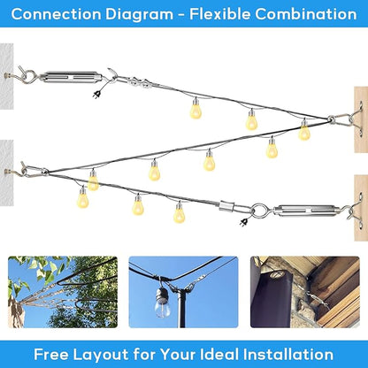String Light Hanging Kit with 500FT Vinyl Coated Stainless Steel 304 Wire Rope Suspension Kit Included Enough Accessories with Turnbuckles and Hooks for Patio, Garden and Wedding Lighting