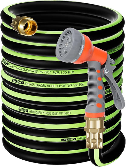 SYEENIFY Kink Free Garden Hose 100ft 5/8", Heavy Duty Hybrid Water Hose, Ultra Durable Flexible Rubber Hose with Sprayer Nozzle,Leakproof Yard Outdoor Hose with Brass Solid Connector