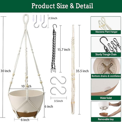 Hanging Planters for Indoor Plants, 2 Pack 10 Inch Self Watering Pots with Macrame Plant Hanger, Hanging Baskets Holder for Outdoor Garden Home Ceiling Window Decor