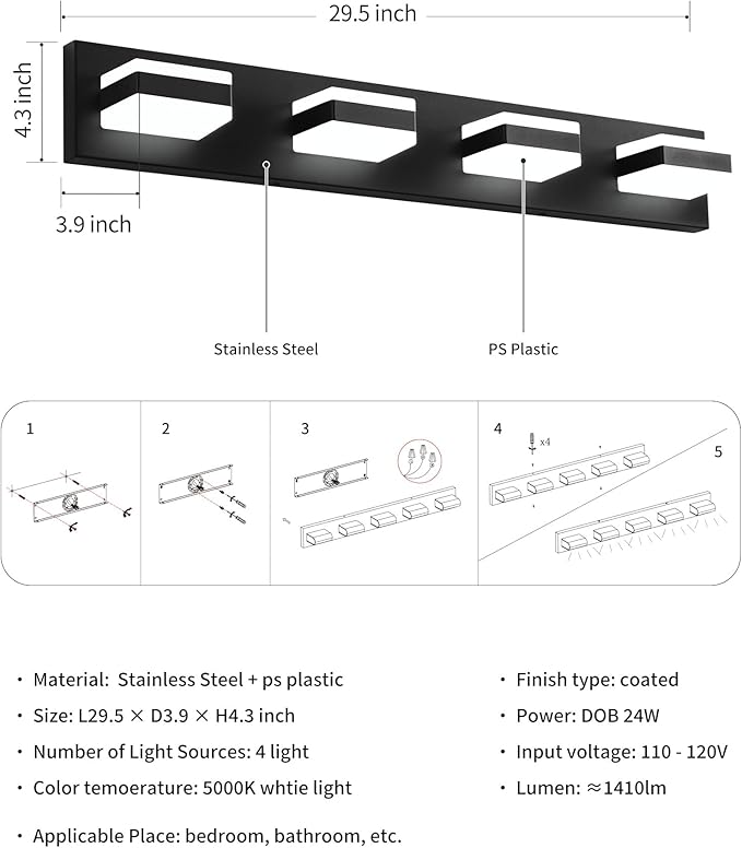 Bathroom Lighting Fixtures Over Mirror, 4 Light Bathroom Vanity Light Fixtures with Cool White 5000K, Matte Black LED Modern Vanity Wall Lights for Bath, Dressing Room, Restroom, 29.5 inch