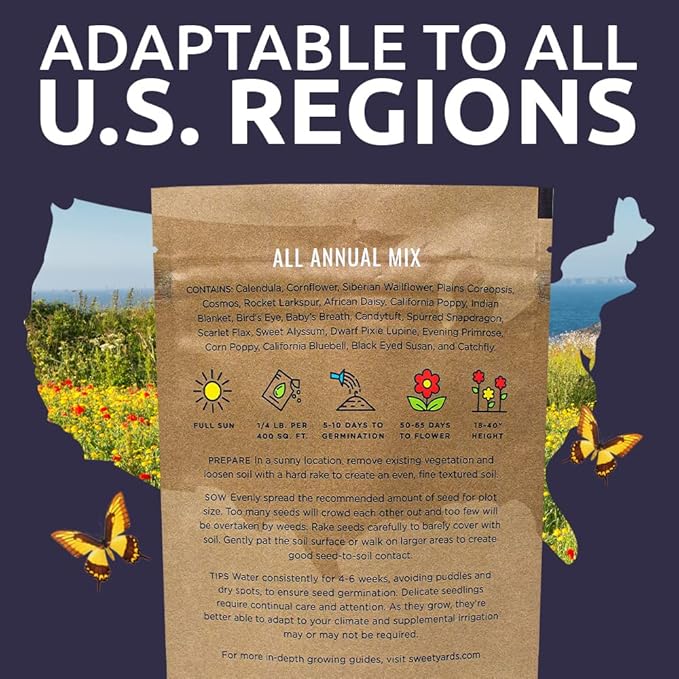 Bulk Wildflower Seeds Annual Quick Blooming Mix - 1/4 Pound Bag - Over 30,000 Open Pollinated Seeds