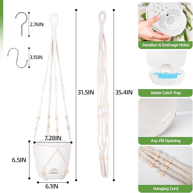 2-Pack 7.1-Inch Self-Watering Orchid Hanging planterS for Indoor & Outdoor baskets,34Inch Macrame Hanger Plant Pots Indoor with Drainage,Small Hanging Planters,With Two Sets of Hooks（Pure white）