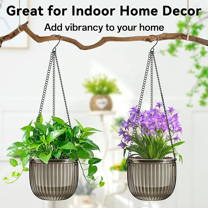 Halatool 2 Pack Self Watering Hanging Planters for Plants, 8.3 Inch Hanging Baskets, 3 Hooks Plant Hangers with Drainage Holes for Gardening (Gray)