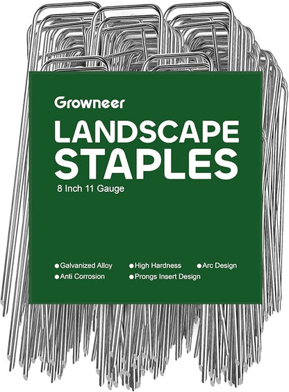 GROWNEER 8 Inch 50 Pack Landscape Staples Heavy Duty 11 Gauge Galvanized Steel Garden Stakes Securing Pegs for Securing Weed Fabric Landscape Fabric Netting Ground Sheets and Fleece