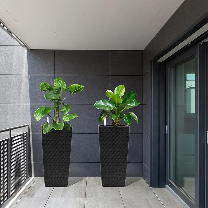 2 Pack Tall Planters for Indoor or Outdoor Plants, Self-Watering Pots with Drain Holes, 22-Inch High Faux Rattan Design Modern Tall Square Planter Box for Porch, Patio, Backyard (Pack of 2, Black)