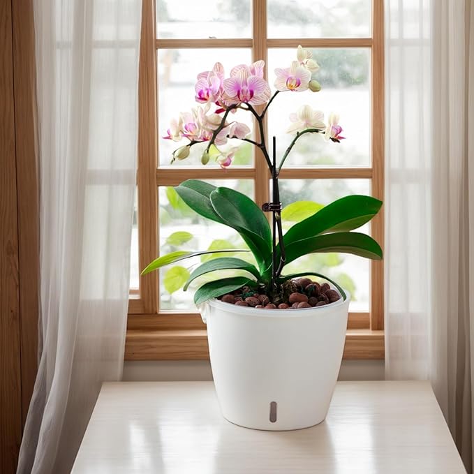 Self-Watering Pots for Indoor Plants, 8-Pack Self Watering Planter with Drainage Holes, Small African Violet Pots with Water Indicator, 5 Packs 5''/3 Pack 6.7'' Orchid Pot, White