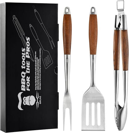 Heavy-Duty Heat-Treated Ash Wood BBQ Grilling Tools Set | Extra-Thick Stainless Steel Spatula, Fork & Tongs | Essential Barbecue Accessories, for Grill Enthusiasts