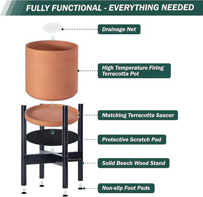 D'vine Dev Terracotta Planter with Ebony Stand - 12 Inch Modern Round Flower Pot with Wood Planter Holder, Terracotta, 55-B-H-5