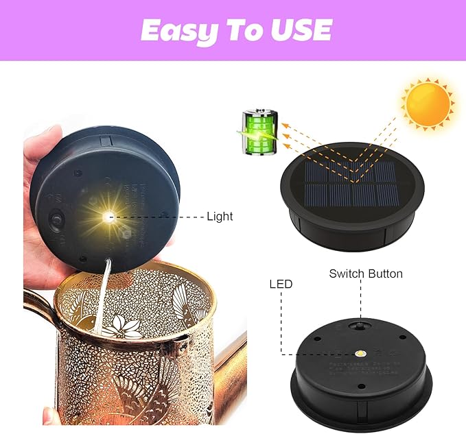 VOOKRY Watering Can Solar Lights Replacement Top - 1 Pack 3.6in Round Solar Panel with 3.5Ft 80 LED Flashing String Lights, Outdoor Waterproof Lantern Decorative Replacement Accessories(Multicolor)