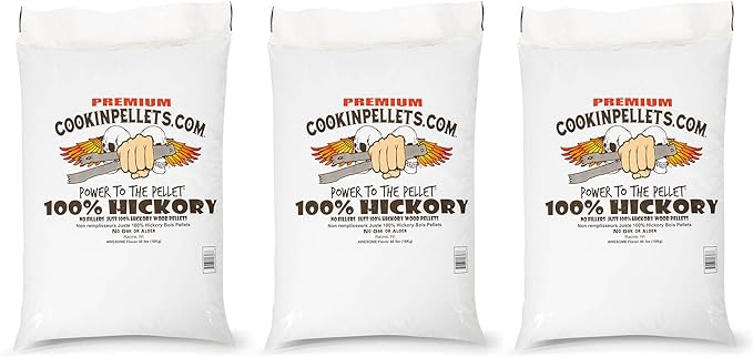 CookinPellets 40-Pound Premium Genuine Hickory Hardwood Grill Smoker Wood Pellets, No Bark, Fillers, and Flavor Oils, for Meat and Veggies (3 Pack)