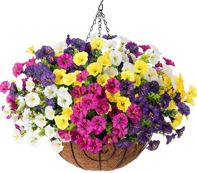 Artificial Faux Hanging Flowers Plants Baskets for Outdoors Spring Decor, Fake Silk Morning Glory in Planter UV Resistant Realistic Outdoor Flowers for Outside Porch Patio Balcony Garden Yard Home