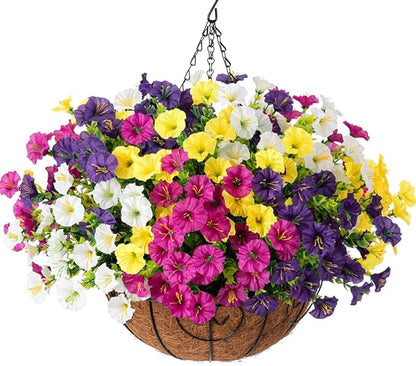 Artificial Faux Hanging Flowers Plants Baskets for Outdoors Spring Decor, Fake Silk Morning Glory in Planter UV Resistant Realistic Outdoor Flowers for Outside Porch Patio Balcony Garden Yard Home