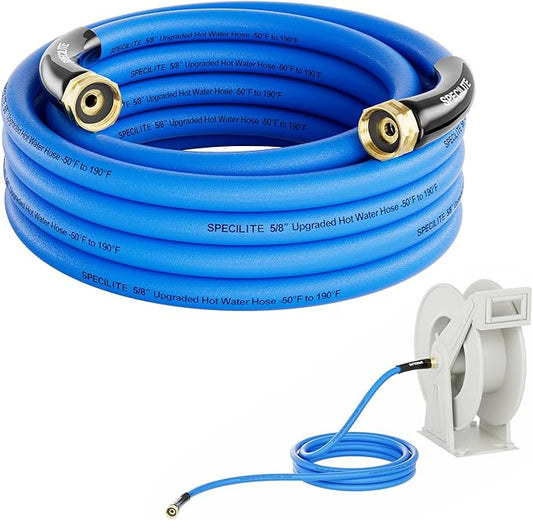 SPECILITE Female to Female Hot/Cold Garden Water Hose 15 ft x 5/8 Inch for Hose Reel, -50℉To 190℉, Heavy Duty, Flexible, Burst 605 Psi, Rubber Extension Pipe with 3/4" Brass Fittings