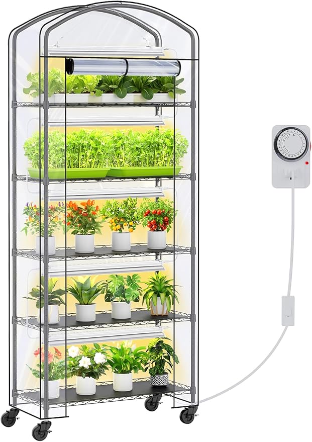 Small Indoor Greenhouse with Grow Light & PVC Cover Portable Mini Greenhouse Tent Shelves Adjustable 5 Tier Metal Plant Stand with Grow Light for Indoor Plants, Seed Starting, 29.5"x13.7"x71"
