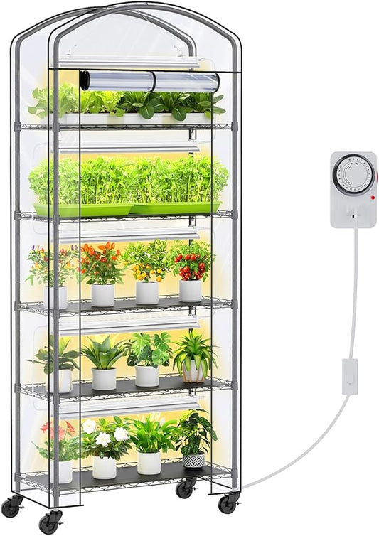 Small Indoor Greenhouse with Grow Light & PVC Cover Portable Mini Greenhouse Tent Shelves Adjustable 5 Tier Metal Plant Stand with Grow Light for Indoor Plants, Seed Starting, 29.5"x13.7"x71"