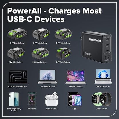 Greenworks 24V Brushless 10PC Power Tool Combo, Drill+Impact Driver+Circular Saw+Recip Saw+Jig Saw+Sander+Light+Multi-Tool+Nailer+Grinder (2) 4.0Ah+2.0Ah Batteries (24,000mAh Power Bank) USB-C Charger