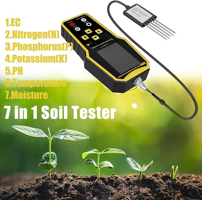7 in 1 Soil Tester, Nitrogen Phosphorus Potassium NPK Tester, Handheld Soil PH Meter Kit, Temperature, Conductivity, Moisture, EC Meter for Petrochemical, Agriculture - Yellow