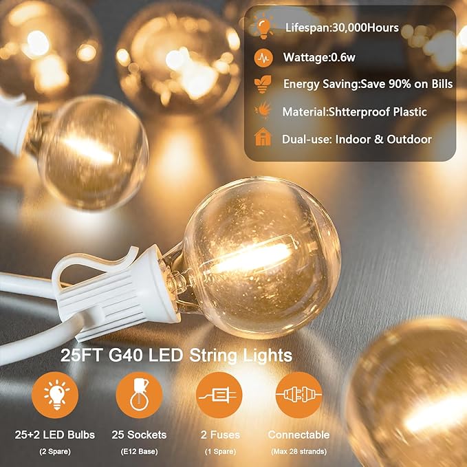 25FT LED Outdoor String Lights Waterproof Shatterproof with 25 Clear Plastic Bulbs & 2 Spares, White Wire for Cafe Garden Balcony Party Decor