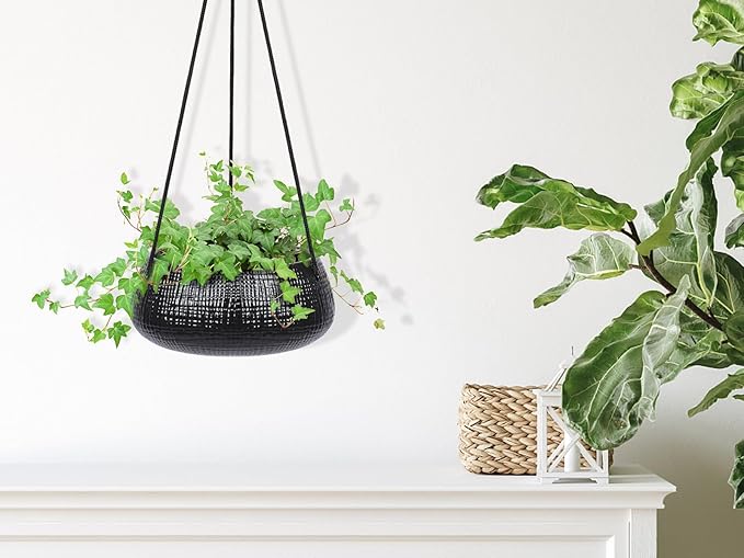 8 Inch Hanging Planters for Indoor Plants - Small Hanging Flower Pots with Drainage Holes Round Ceramics Hanging Plant Pots Black