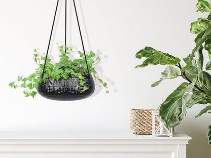 8 Inch Hanging Planters for Indoor Plants - Small Hanging Flower Pots with Drainage Holes Round Ceramics Hanging Plant Pots Black