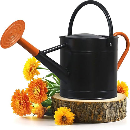 Plexon 1 Gallon Metal Watering Can Outdoor, Flower Plant Gardening Garden Large Watering Can Pot Pitcher, Steel Orange Handles and Removable Spray Spout, Black