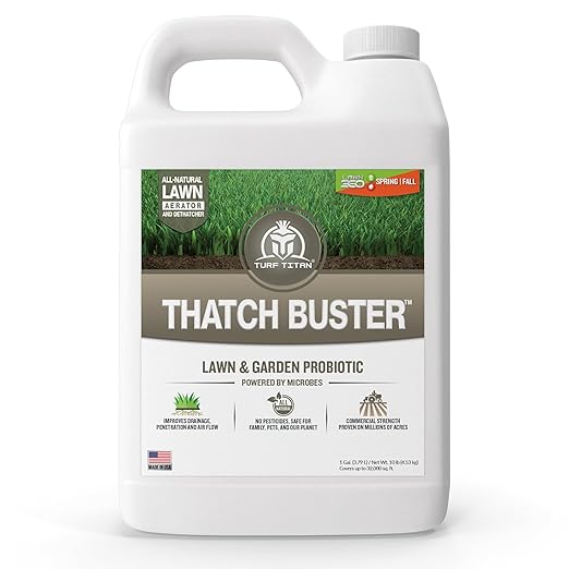 Turf Titan Thatch Buster Lawn Aerator & Grass Dethatcher (1 Gallon) – All-Natural Liquid Soil Loosener & Conditioner for Green Grass – Healthy Soil in 45 Days – Covers Up to 32,000 Sq Ft