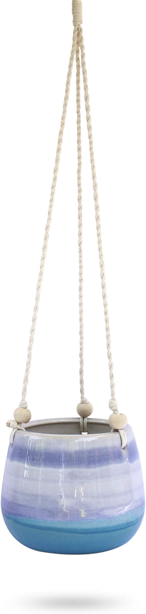 23 Bees Ceramic Hanging Planter | Blue Succulent Pots | Round Plant Holder Container | Cactus Pot with Cotton Rope Hanger | Indoor Outdoor Decor (1 Pack x Blue Horizon)