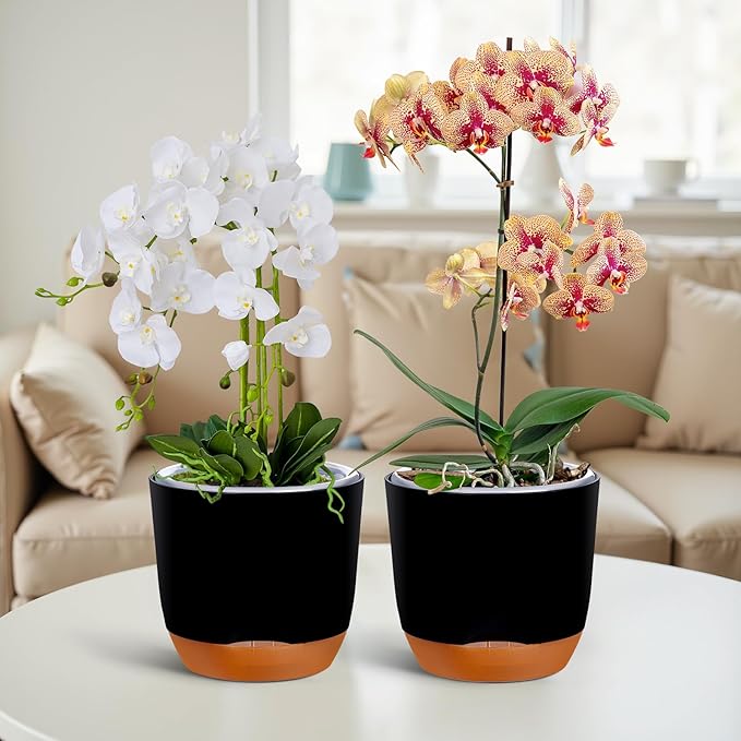 QCQHDU 2 Pack 5.7 Inch Orchid Pots with Holes for Repotting, Double-Layer and Self Watering Orchid Pot with Good Air Circulation