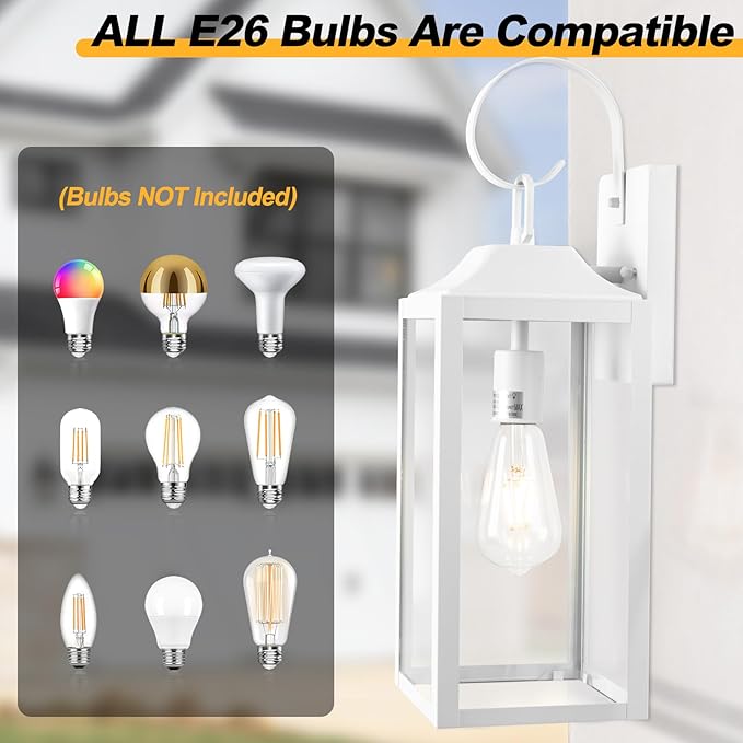 Large Outdoor Wall Lights, 19 Inch White Exterior Light Fixture, Waterproof Front Porch Lighting, Modern Sconces Lantern with Clear Glass Shade for House, Garage