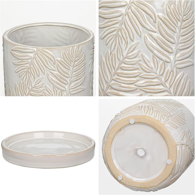 5.5 Inch Ceramic Planter Pots with Drainage Holes, Saucers for Indoor-Outdoor Plants, Succulent Orchid Flower Large Round Plant Pot Lvory White