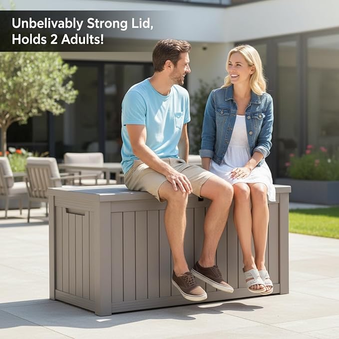 150 Gallon Resin Deck Box with Lockable Lid - Outdoor Waterproof Storage for Patio Furniture, Garden Tools, Cushions & Pool Accessories, Wood Grain Design, Easy Assembly