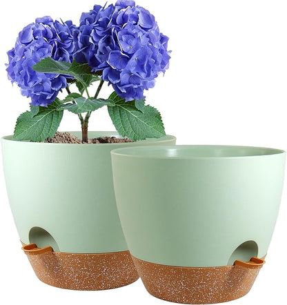 10 inch Self Watering Pots, 2 Pack Plastic Planters with Mesh Drainage Holes for Garden Plants and Flower, Plants Pots with Deep Reservoir for Indoor Outdoor Plants, Green with Brown