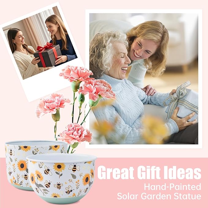 Butterfly & Bee Metal Planters Set of 2 – Decorative Flower Pots with Colorful Garden Prints, Outdoor & Indoor Use Cute Spring Floral Design for Patio, Balcony, Home Decor (Bee)