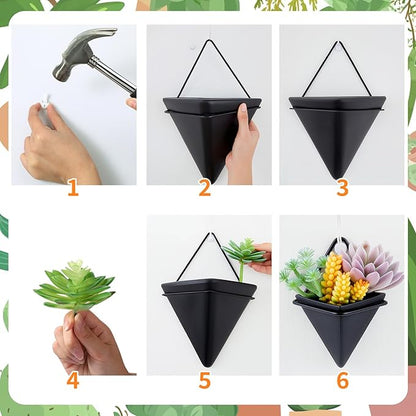 Rtteri 15 Pcs Hanging Artificial Succulents Plants for Indoor Fake Wall Planter with Faux Plants Geometric Vase Pot (8.2/5.9/4 Inch Size) Ceramic Holder and Mini Fake Succulent(Succulents,Black)