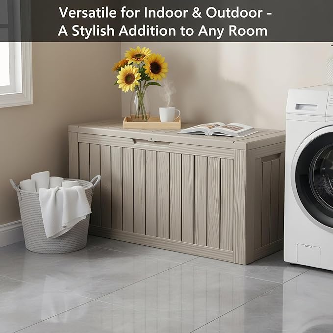 80 Gallon Resin Deck Box, Outdoor Storage Container for Patio Furniture Cushions, Garden Tools, Pool Accessories & Yard Equipment - All-Weather, Lockable, Wood Grain Design