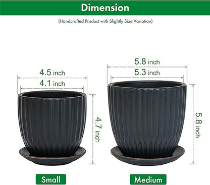 D'vine Dev Set of 2 Stoneware Planter Pot, Ceramic Pot with Drainage Hole and Saucers, 4.5 Inch 5.8 Inch, Charcoal Grey, 99-D-3