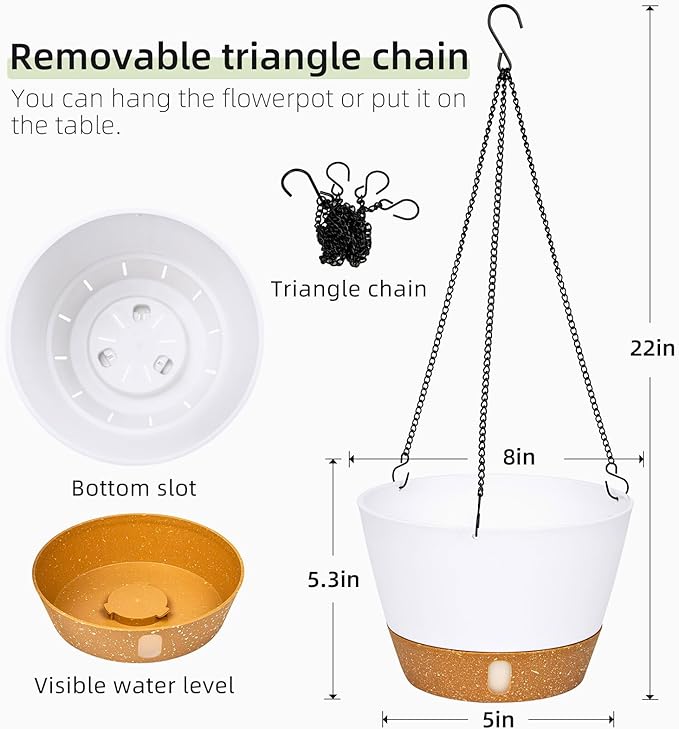 QCQHDU 2 Pack 8 Inch Hanging Planters for Indoor Outdoor Plants, Hanging Baskets Flower Pots with Reservoir Tray & Visible Water-Level
