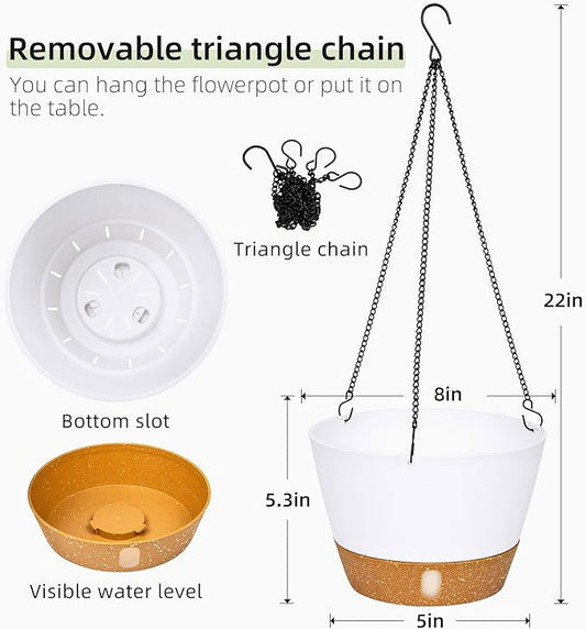 QCQHDU 2 Pack 8 Inch Hanging Planters for Indoor Outdoor Plants, Hanging Baskets Flower Pots with Reservoir Tray & Visible Water-Level