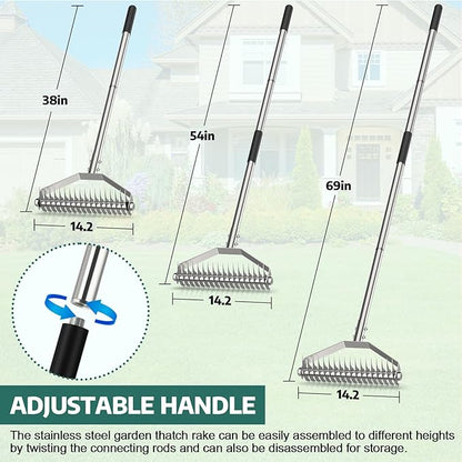 Thatch Rakes for Lawns,14.2-Inch Thatching Rake, All Stainless Steel Dethatcher Rake with Adjustable Handle and 2 Extra Replaceable Blades,Heavy Duty Rakes for Cleaning Dead Grass and Loosening Soil