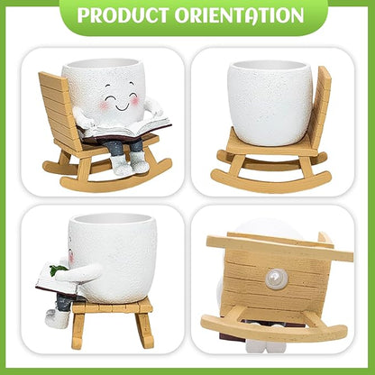 Smily Face Rocking Chair Reading Book Planter Pots, Cute Resin Flower Head Succulent Planters for Indoor Plants, Gift IdeaI for Mother Christmas Birthday with Drainage Hole