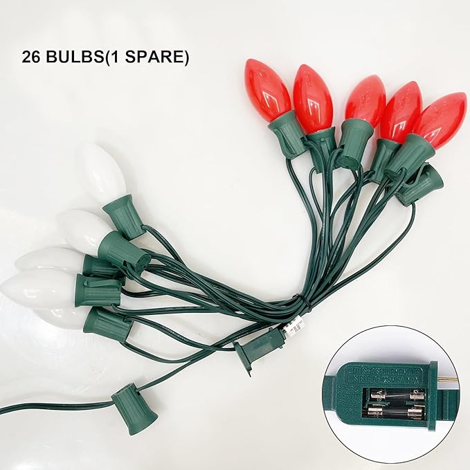 SUNSGNE C9 Christmas Outdoor String Lights 25 Feet Vintage Christmas Tree Lights with 26 7W Red White Glass Bulbs(1 Spare) for Backyard Patio Balcony Xmas Decor, Green Wire
