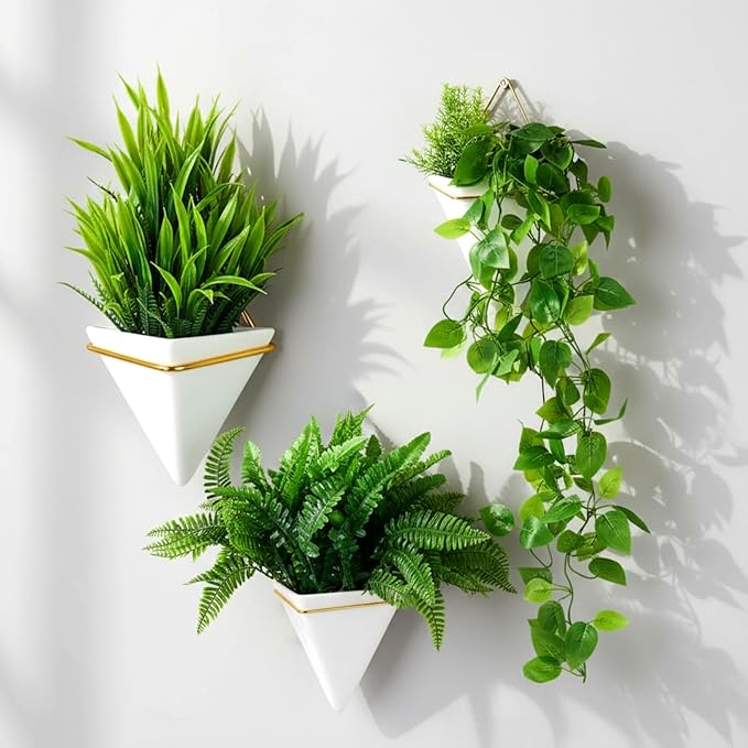 Rtteri 15 Pcs Hanging Artificial Green Plants for Indoor Fake Wall Planter with Faux Plants Geometric Vase Pot (8.2/5.9/4 Inch Size) Ceramic Holder