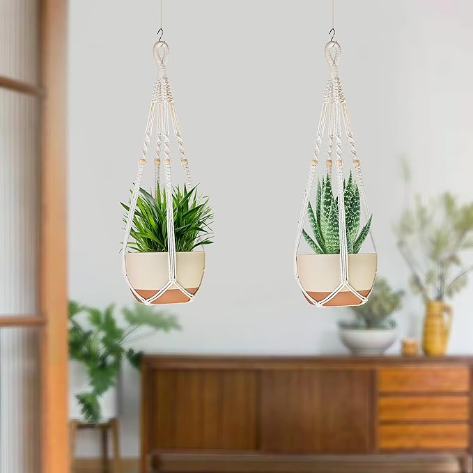 35 Inch Macrame Plant Hanger Indoor Outdoor Fits 4 to 15 inch pots Hanging Planter Basket with Wood Beads and No Tassels,Boho Home Decor,Ivory,Set of 2 (Pots Not Included)