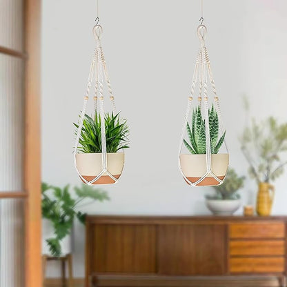 35 Inch Macrame Plant Hanger Indoor Outdoor Fits 4 to 15 inch pots Hanging Planter Basket with Wood Beads and No Tassels,Boho Home Decor,Ivory,Set of 3 (Pots Not Included)