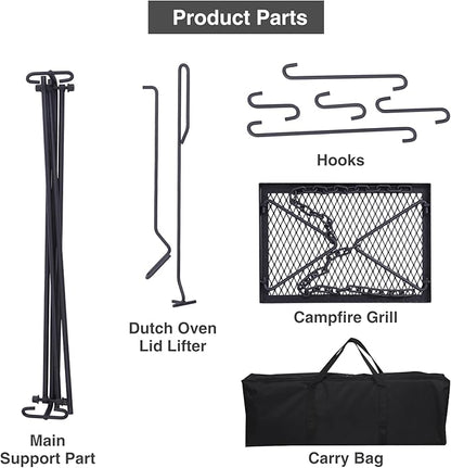 Lineslife Grill Swing Hanging Campfire Cooking Stand with Adjustable Iron Grill Grate, Collapsible Campfire Cooking Rack with Hooks and Accessories for BBQ Picnic, Outdoor Camping Cookware, Dutch Oven