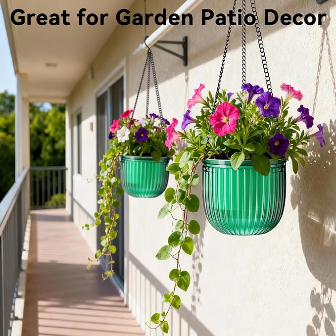 Halatool 2 Pack Self Watering Hanging Planters for Indoor Plants - 6.5 Inch Outdoor Hanging Flower Pots with 2 Metal Chains for Garden Home Wall Decor (Peacock Green)