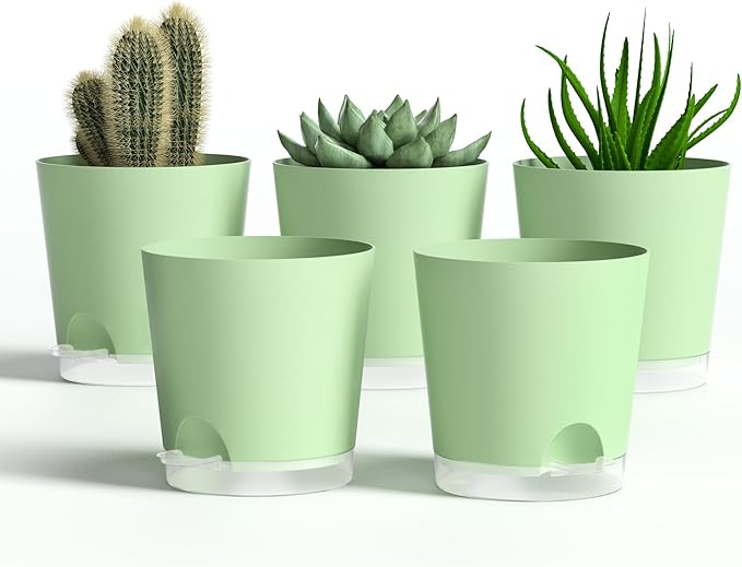 4 Inch 5 Pack Small Self Watering Pots for Indoor Plants, Nursery Pot with Drainage Holes and Saucers, Plastic Small Flower Planter for Succulent, Aloe, Cacti and More(Green)