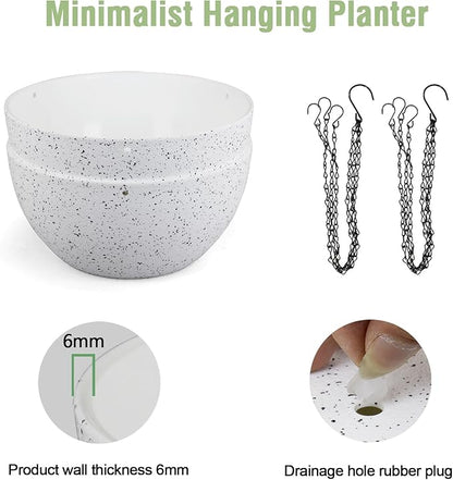 12 inch Large Hanging Planters for Indoor Outdoor Plants, 2 Pack Hanging Flower Pots with Drainage Holes and Chain for Garden Porch, Plastic Hanging Baskets for House Plants, Speckled White