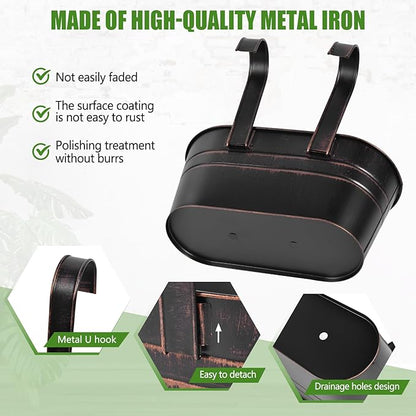 OBTANIM 4 Pack Metal Hanging Flower Pots Iron Railing Planter Outdoor Fence Hanging Pots Bucket Plant Holder with Detachable Hooks Drain Holes for Home Garden Yard Decor (Black)